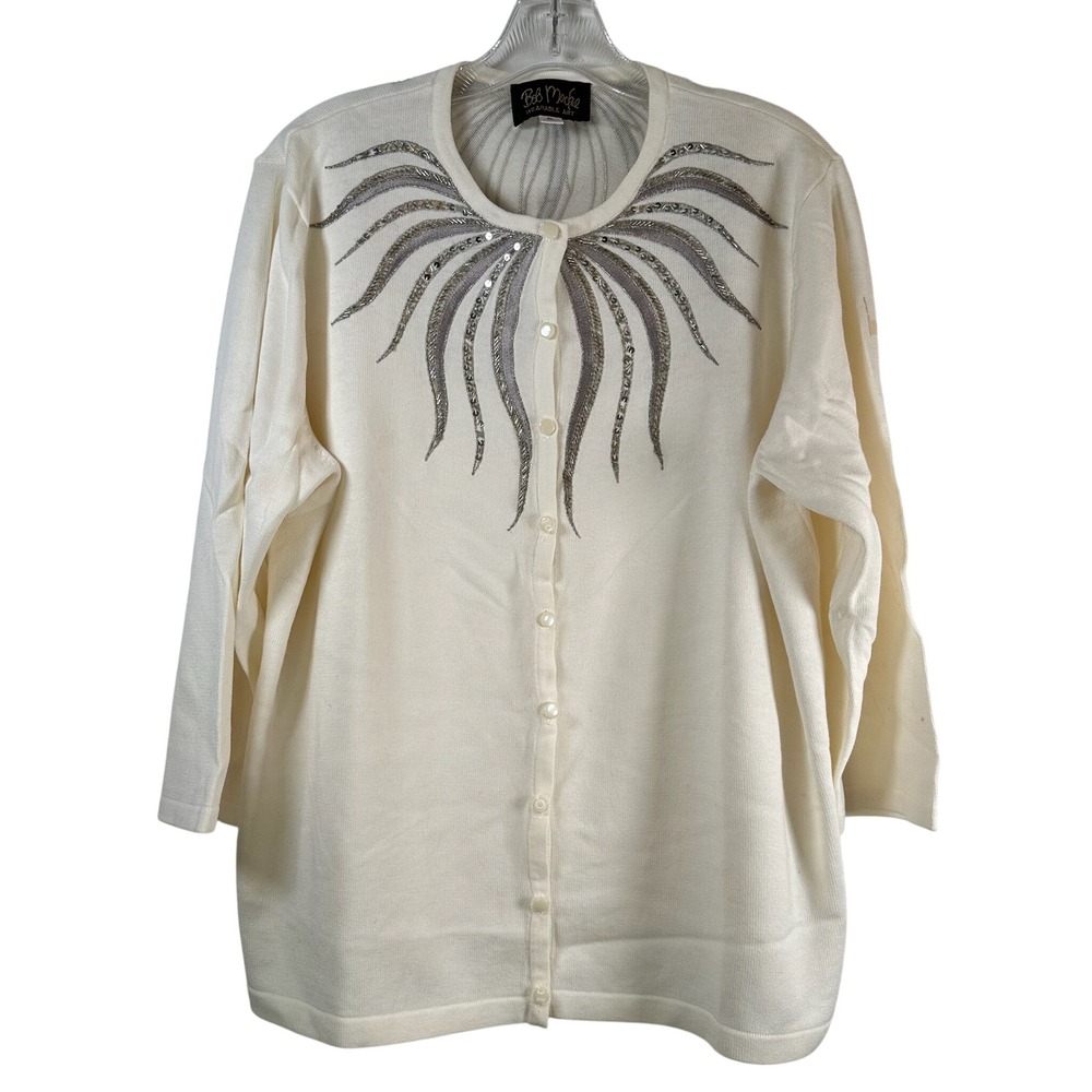 Bob Mackie Wearable Art Cream Embellished Sequin Bead Cardigan Sweater XL